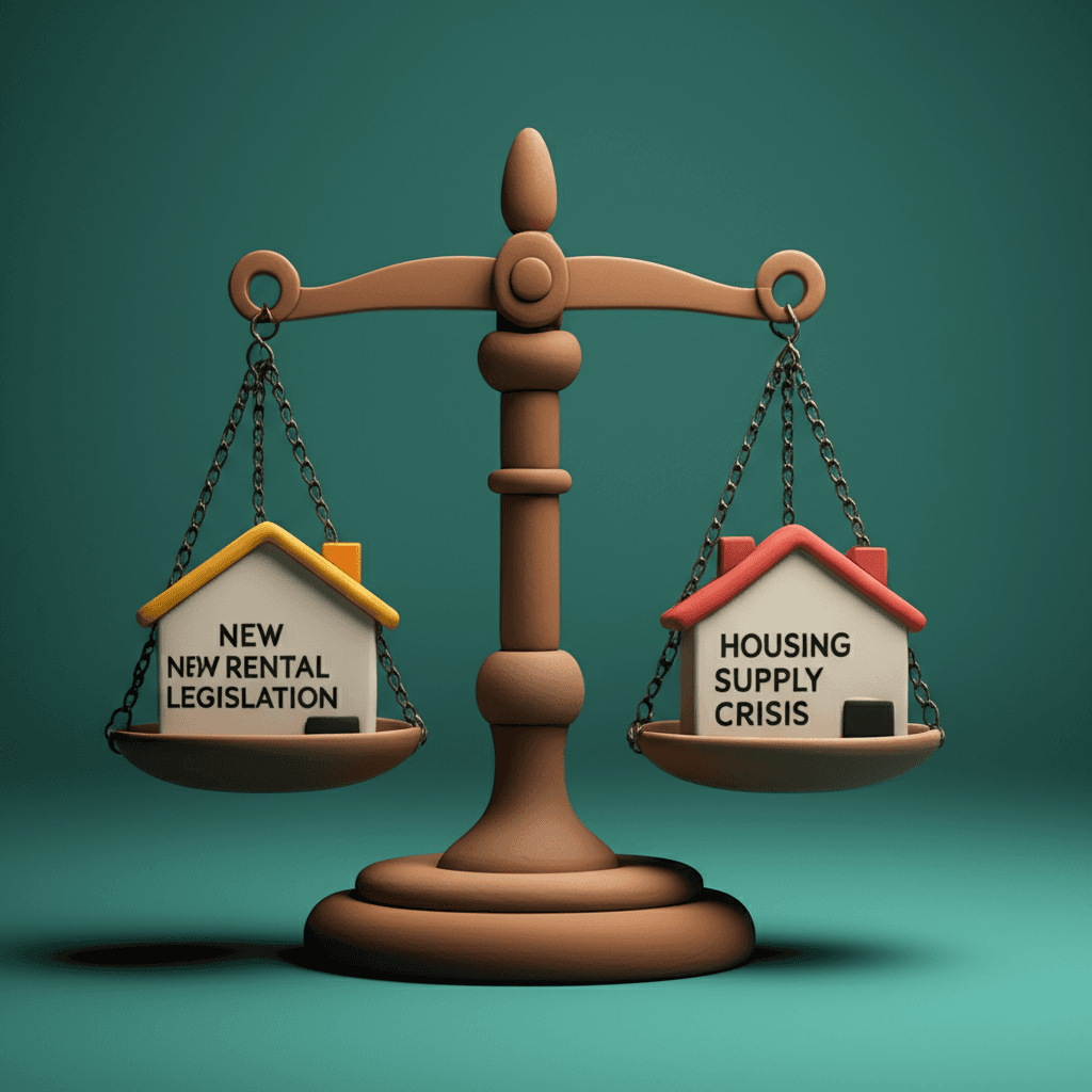 A stylized graphic showing a balance scale, with 'New Rental Legislation' on one side and 'Housing Supply Crisis' on the other, illustrating the core market tension
