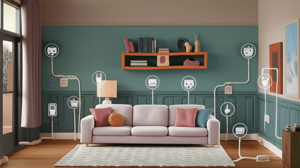 A modern living room with icons highlighting smart plugs on appliances and draft stoppers under doors, illustrating energy-saving tips for renters