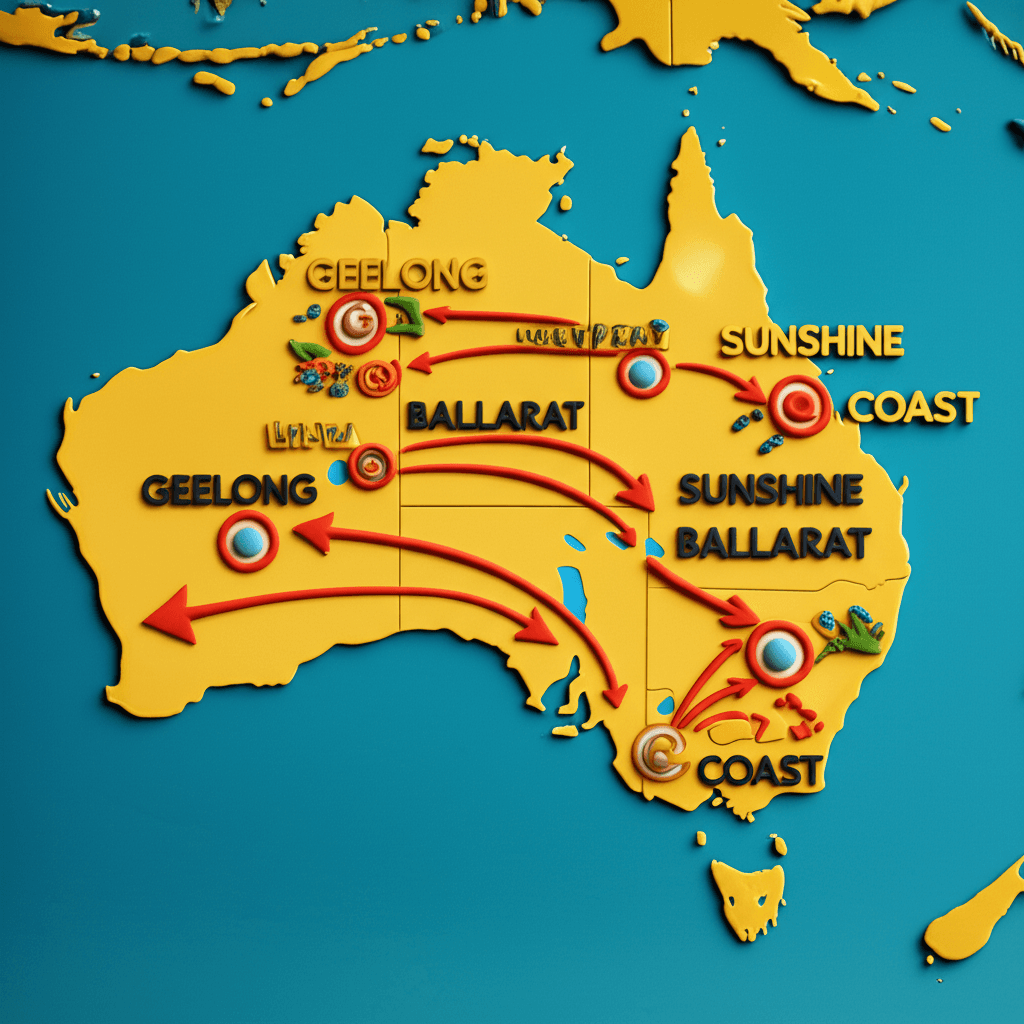 A digital map of Australia showing arrows moving from major cities to regional hubs like Geelong, Ballarat, and the Sunshine Coast