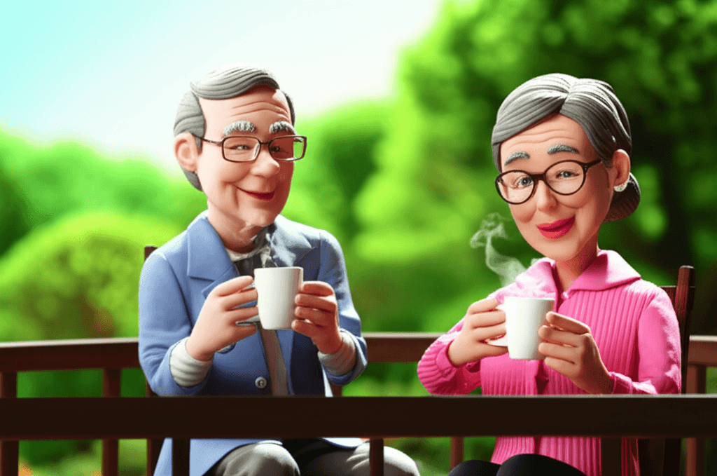 A serene image of an older couple enjoying coffee on their balcony, representing a peaceful, debt-free retirement funded by property.