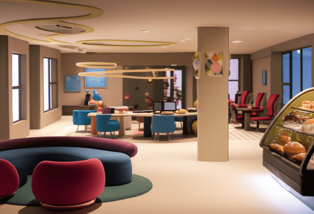 A luxurious apartment building lobby with modern amenities like a co-working space and cafe in the background