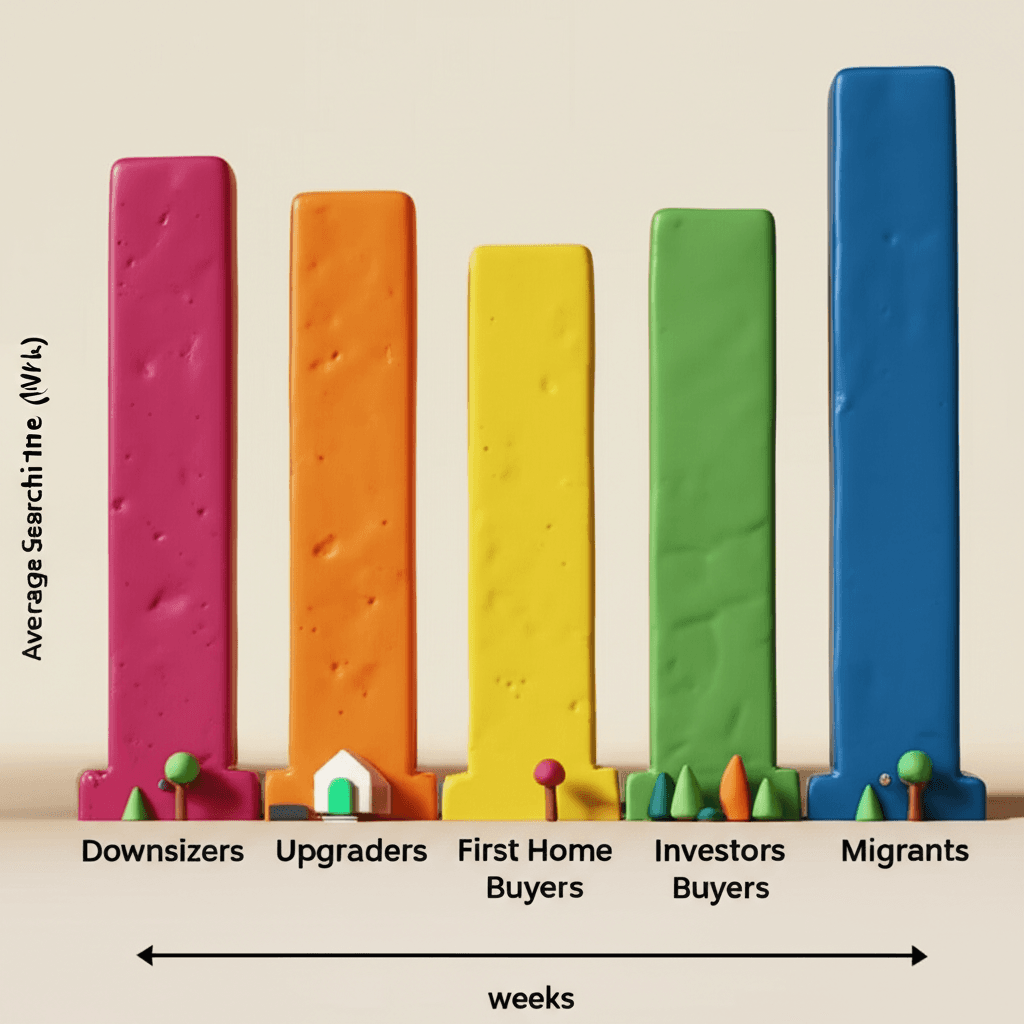 Different buyer types experience varying timelines, with downsizers and upgraders taking the longest (45-46 weeks) and recent migrants taking the shortest (25 weeks).