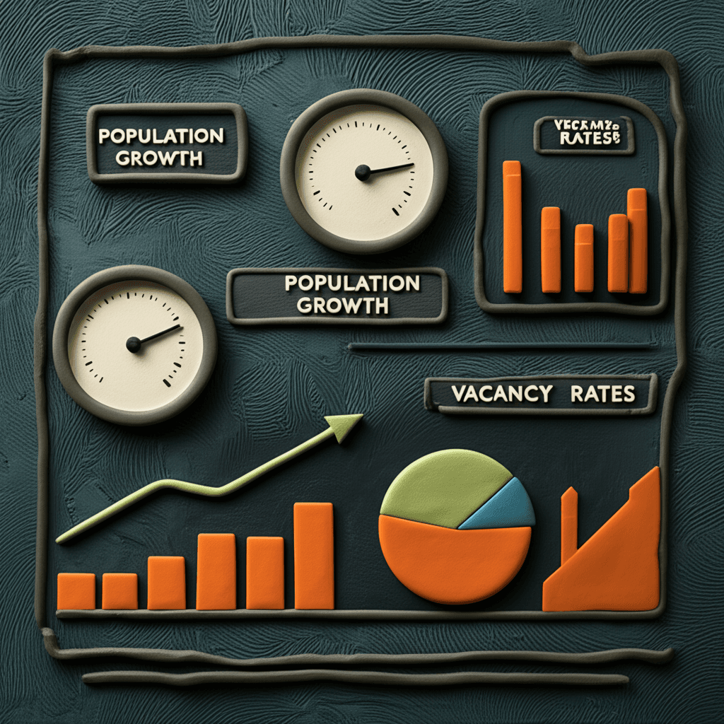 A sophisticated dashboard showing key Australian property market indicators like population growth, rental yields, and vacancy rates