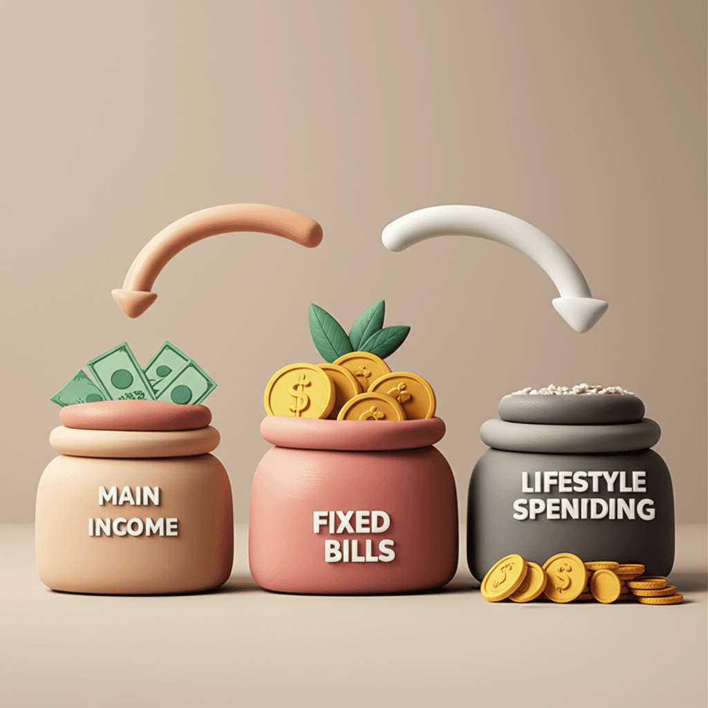 A clean, modern graphic illustrating a three-part bank account system for budgeting: Main Income, Fixed Bills, and Lifestyle Spending.