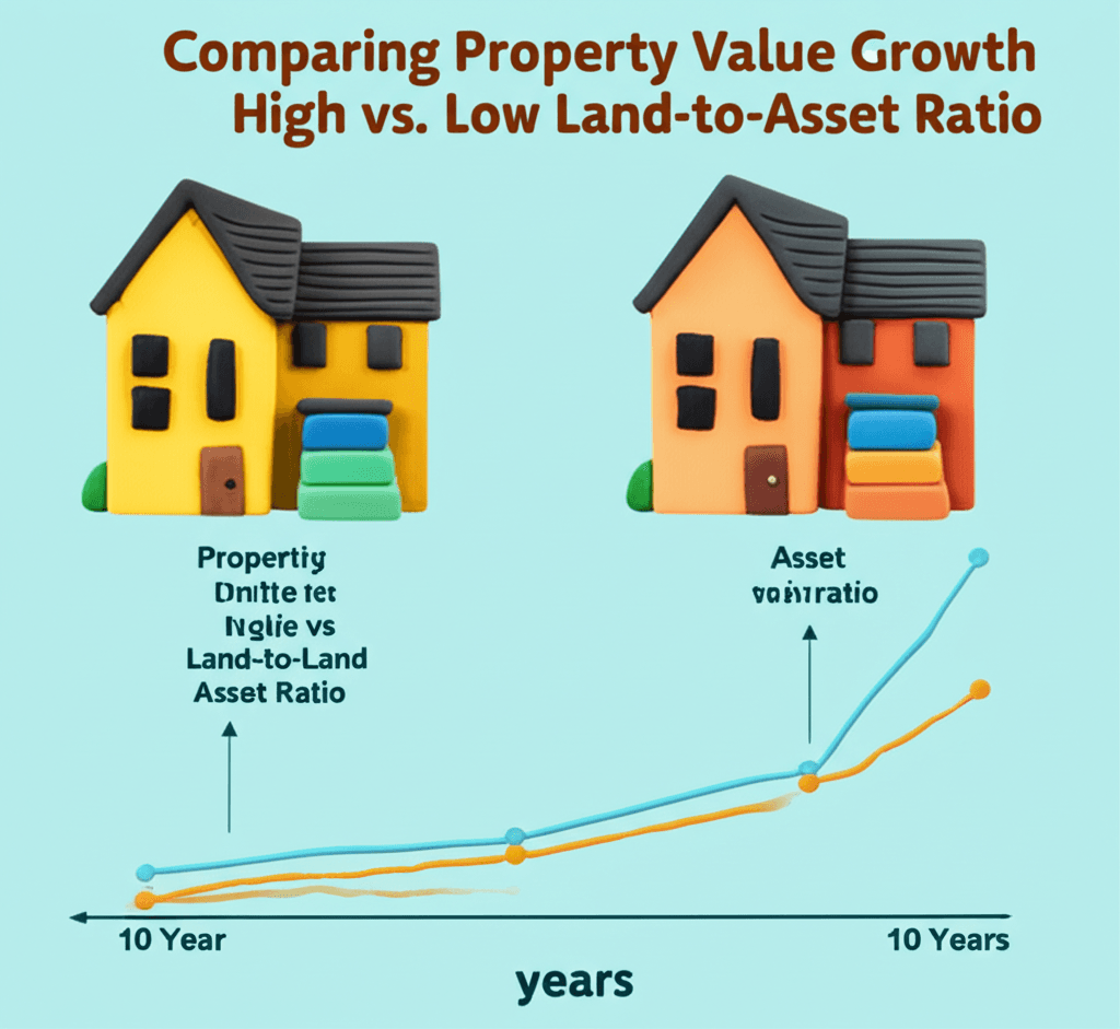 A clear infographic comparing two properties with different land-to-asset ratios and their projected value over 10 years