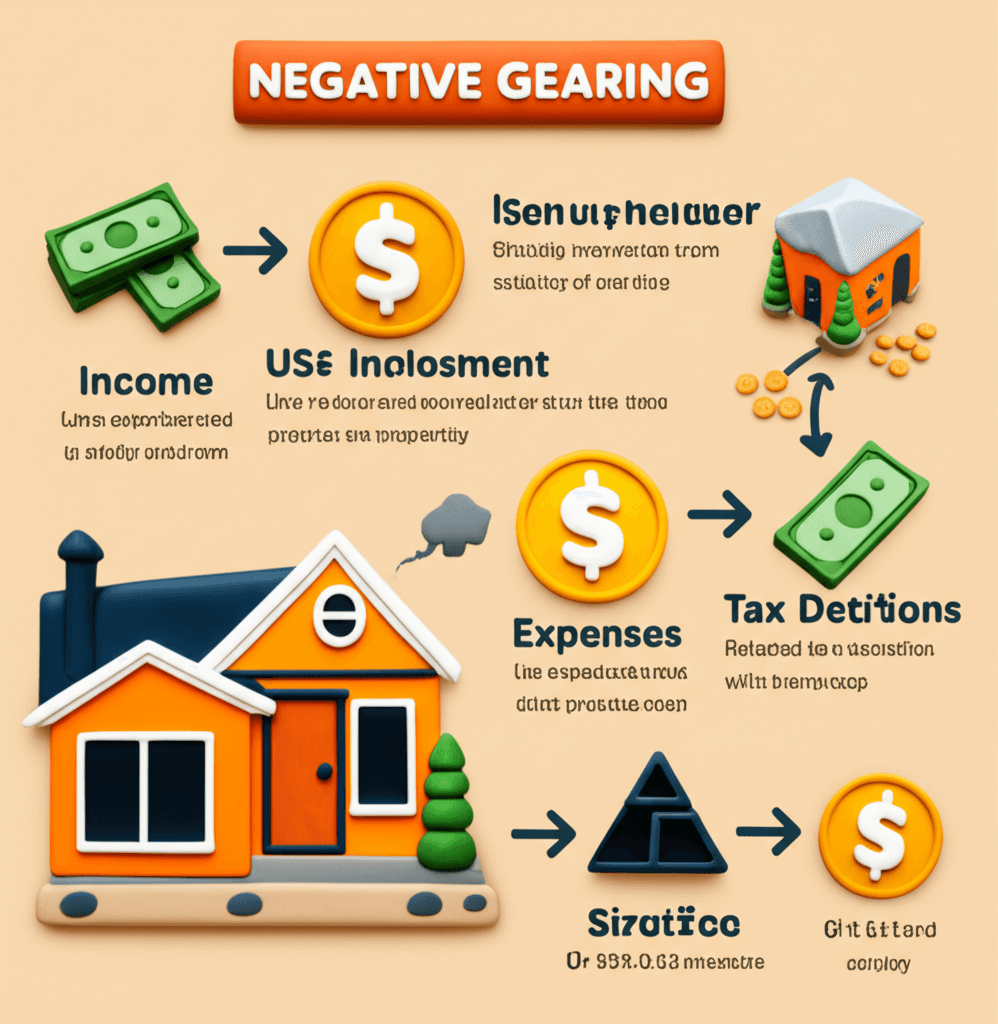 A clear infographic explaining the mechanics of negative gearing with income, expenses, and tax deductions.