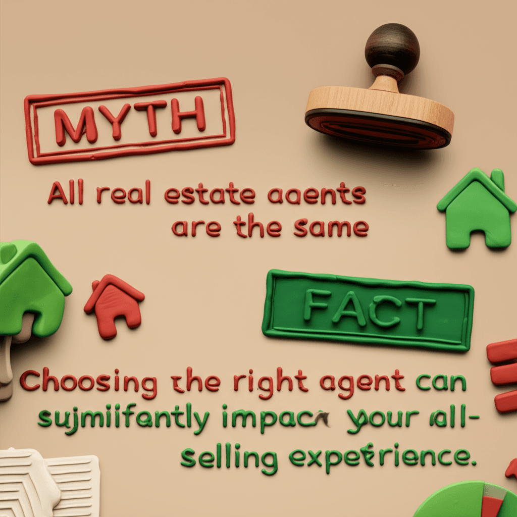 A clean, modern infographic busting a common real estate myth with a large 'MYTH' stamp over a false statement and a 'FACT' stamp over a data-backed correction