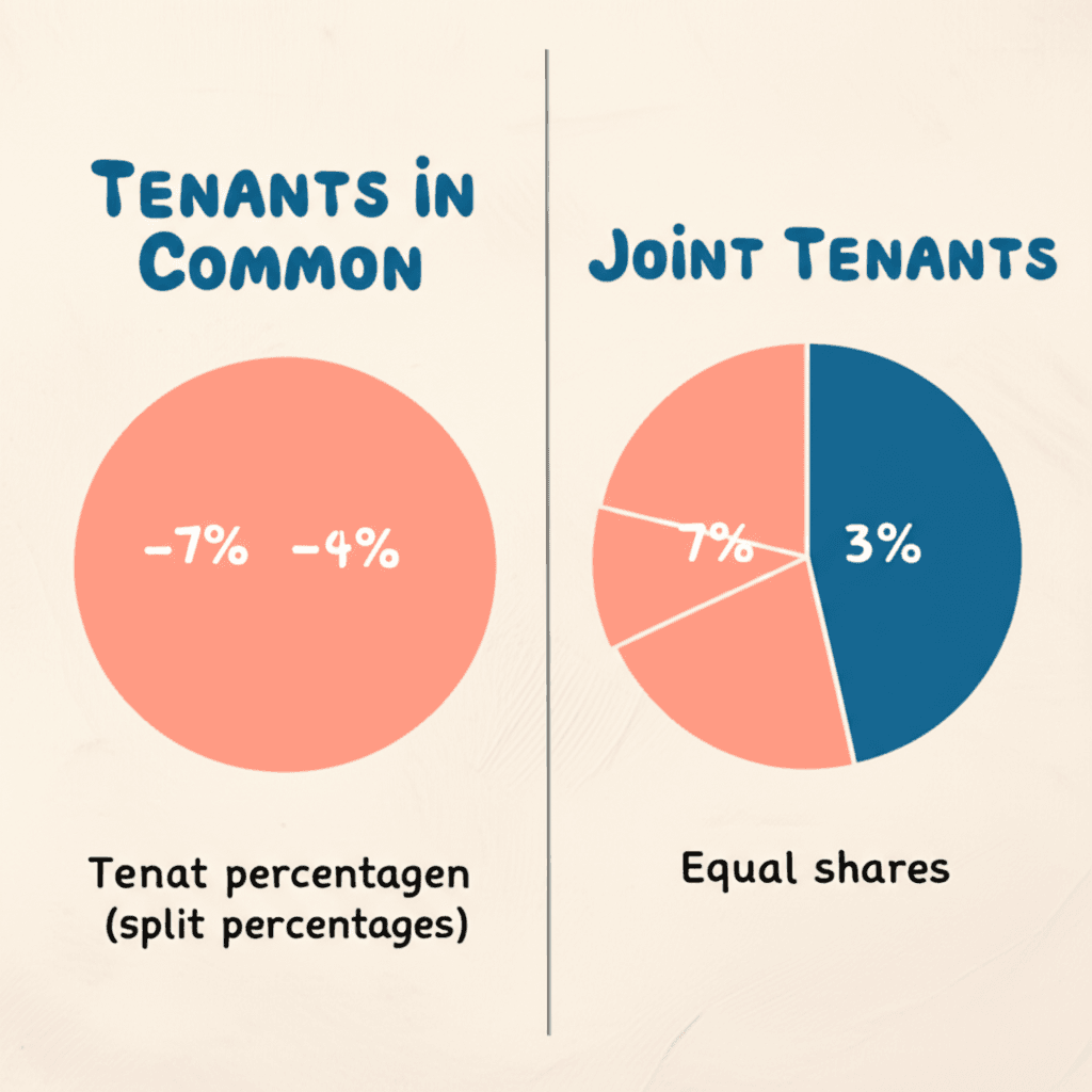 A simple infographic chart comparing Tenants in Common (split percentages) and Joint Tenants (equal shares) ownership structures
