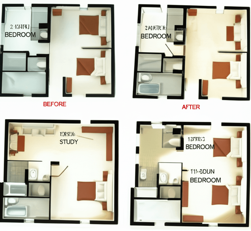 A simple stud wall can convert underutilised space into an additional bedroom, dramatically increasing a property's value with a minimal investment by leveraging market price disparities.