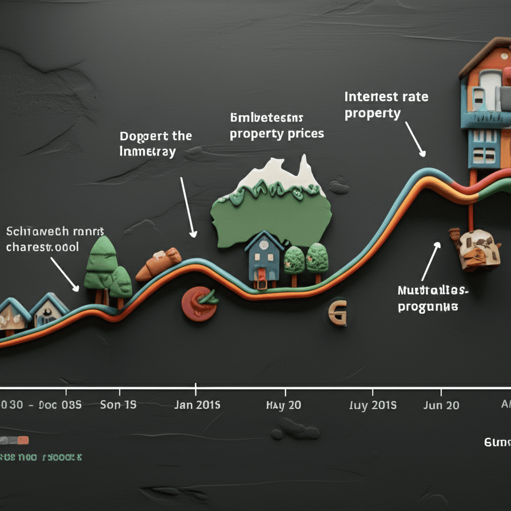 A line graph showing the volatility of Australian property prices over the last decade, with annotations for key economic events like interest rate changes and pandemics