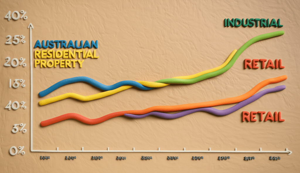 A dynamic line graph illustrating capital growth trends for Australian residential property versus key commercial sectors like industrial and retail over the last decade