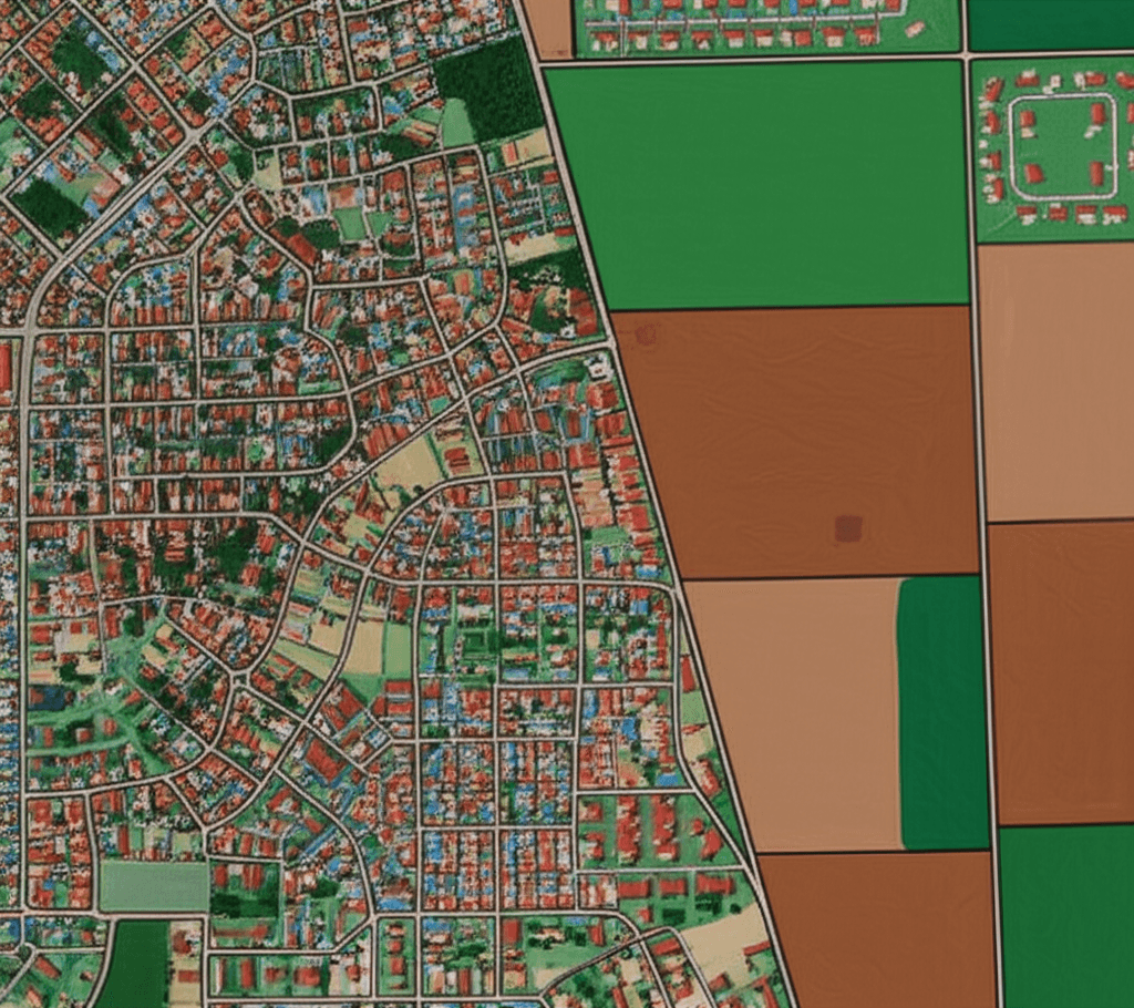 A satellite map view contrasting a dense, built-up inner-city suburb with a fringe suburb showing large tracts of vacant, developable land