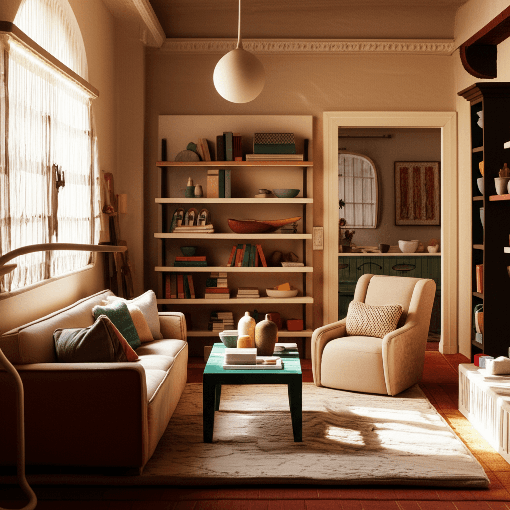 A modern, sunlit boutique apartment living room in a Melbourne suburb like Richmond