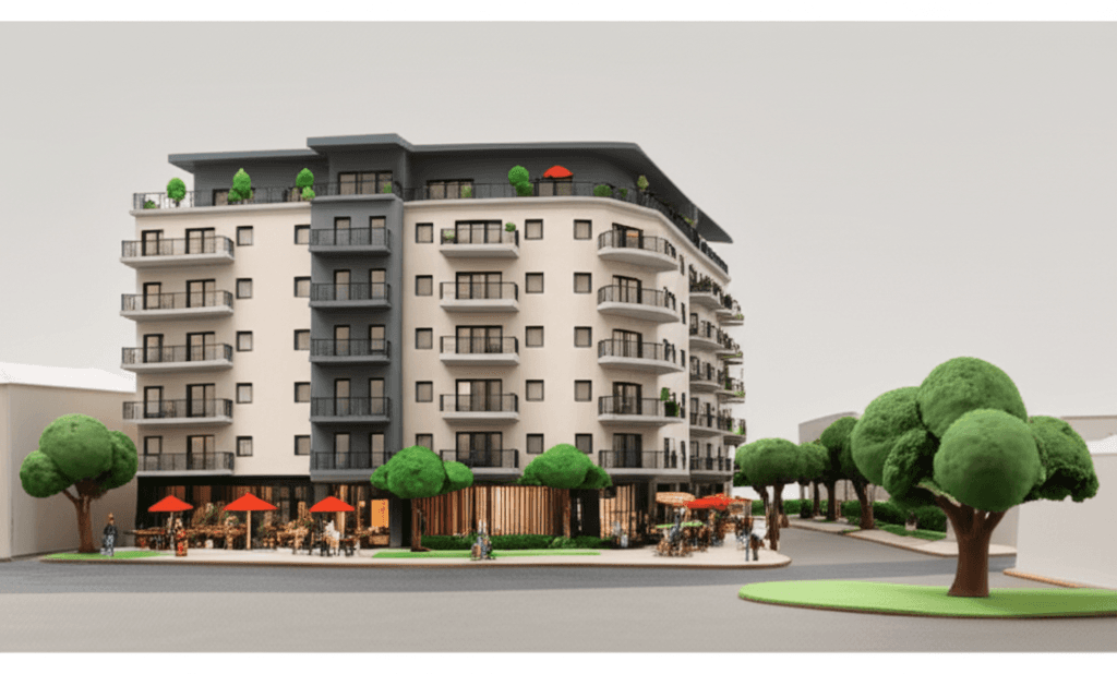 An architectural rendering of a modern, medium-density apartment building seamlessly integrated into an existing suburban streetscape with green spaces and cafes.
