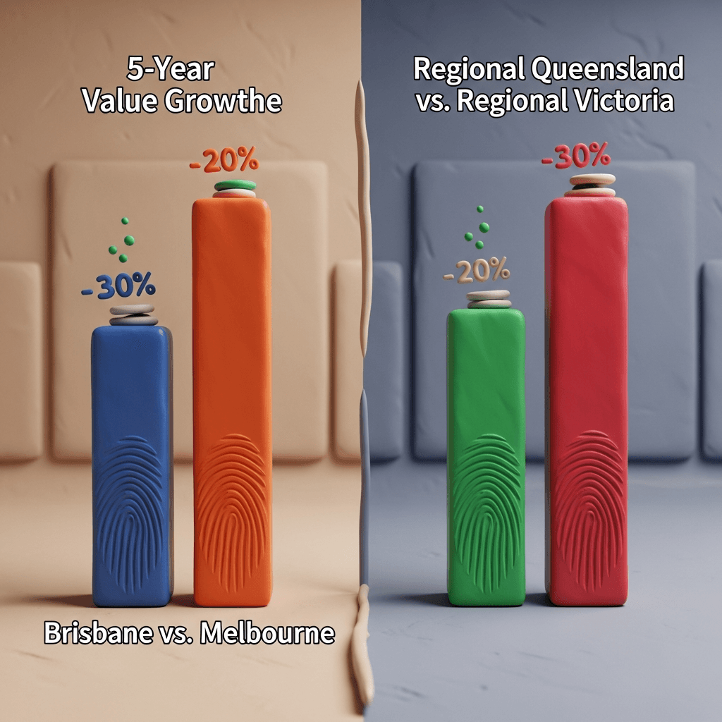 PropTrack data shows Queensland property values have dramatically outpaced Victorian values over the last five years, fundamentally altering the affordability landscape between the two states.