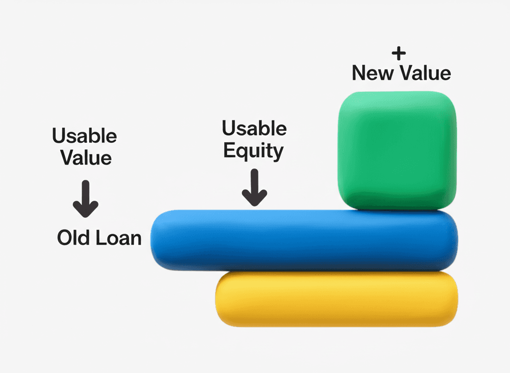 A clear diagram illustrating the calculation of usable equity from a property's increased value, showing the old loan, new value, and the accessible funds.