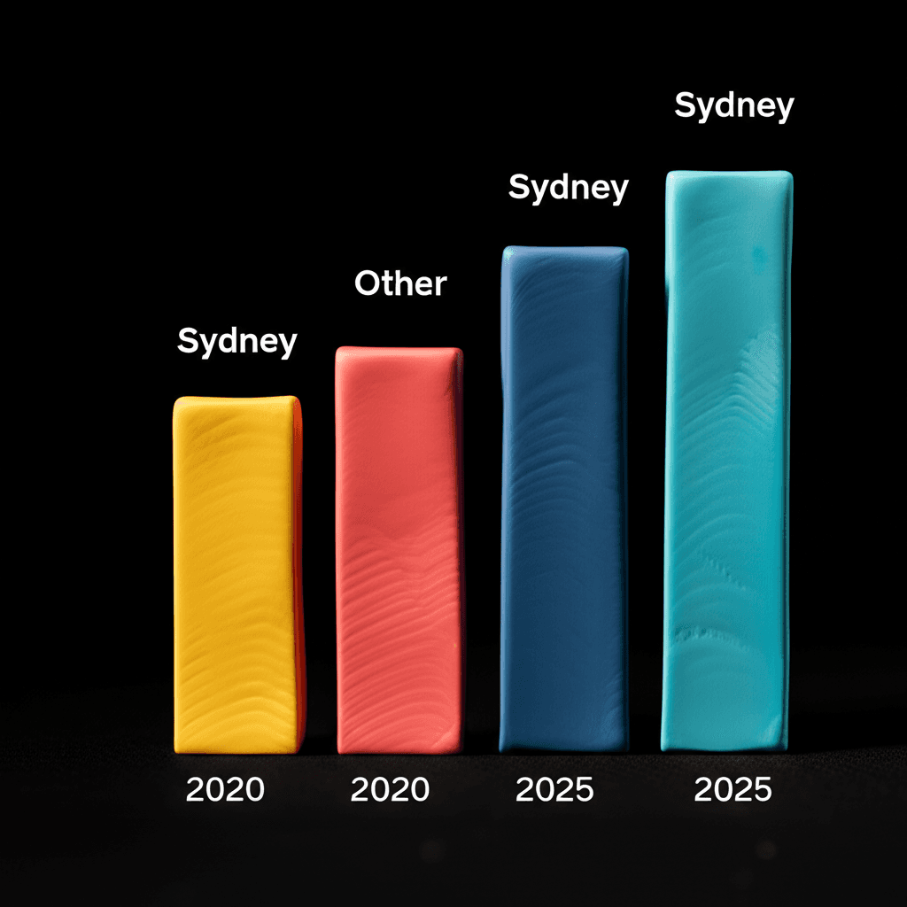 A clear data visualization comparing the median house prices of Melbourne and Sydney from 2020 to 2025