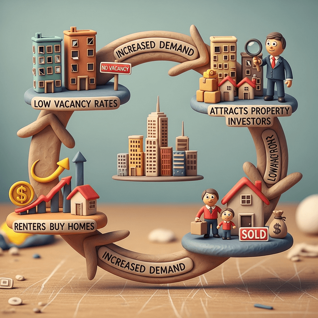Low vacancy rates create a feedback loop, pushing rents higher, which in turn motivates renters to enter the sales market and attracts investors, intensifying housing demand.