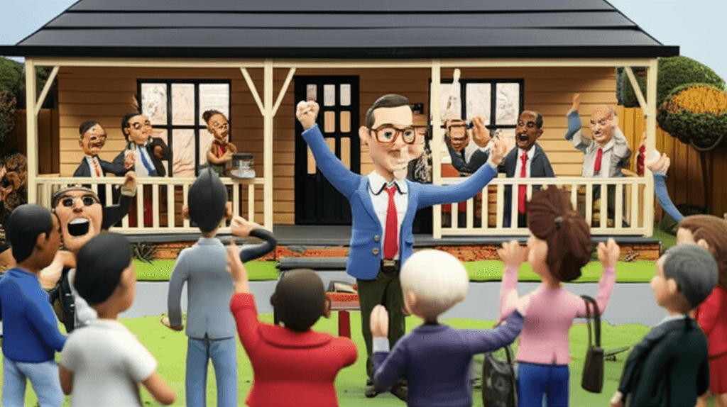 A tense but exciting scene at an Australian suburban property auction, with a diverse group of bidders and an auctioneer in action