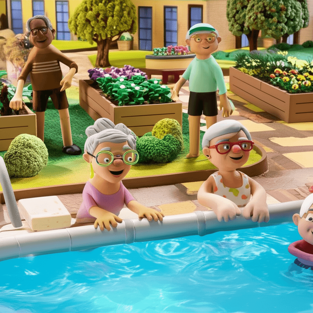 A vibrant, modern lifestyle community for over-50s, showing residents enjoying amenities like a pool or community garden.