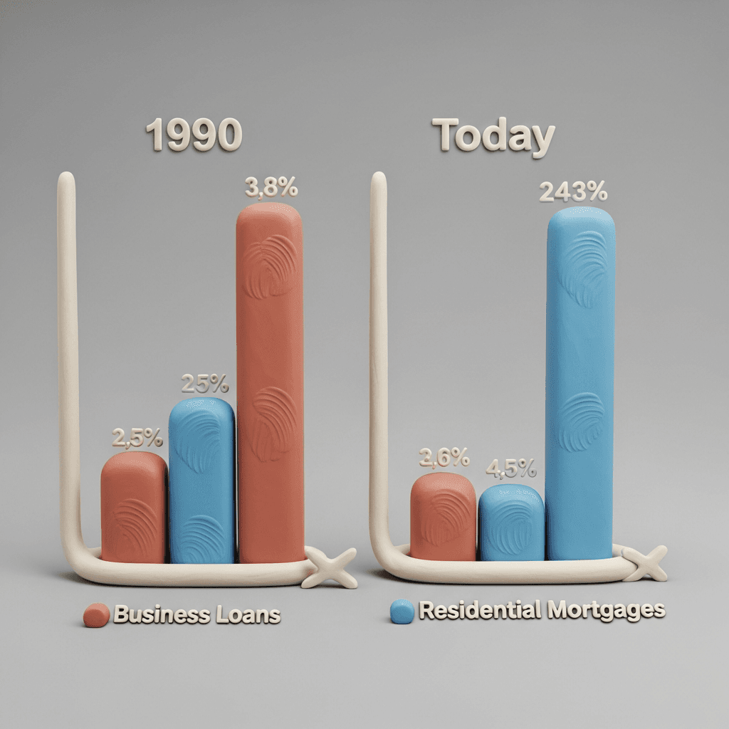 The focus of Australian bank lending has shifted dramatically from business investment to residential mortgages, contributing to record-high household debt levels.