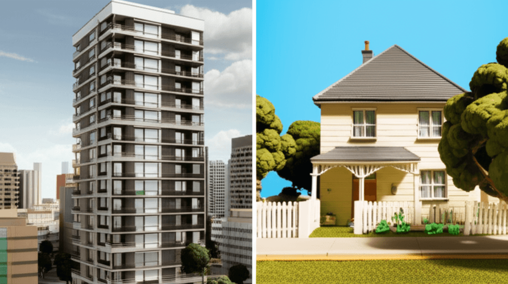 A split-screen graphic comparing a modern apartment block in a dense city suburb with a freestanding house in a sunny, green regional town