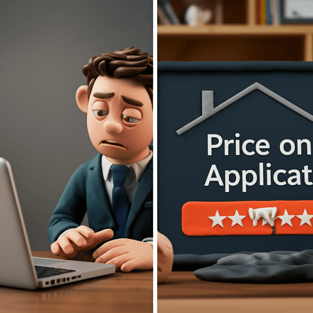 A split-screen image showing a frustrated home buyer looking at a laptop on one side, and a 'Price on Application' property listing on the other side.