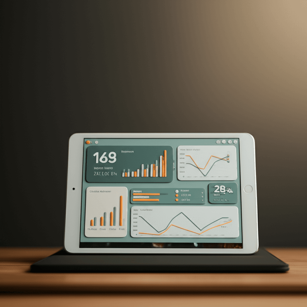 A sleek dashboard interface on a tablet displaying property analytics and suburb comparison data with charts and graphs.