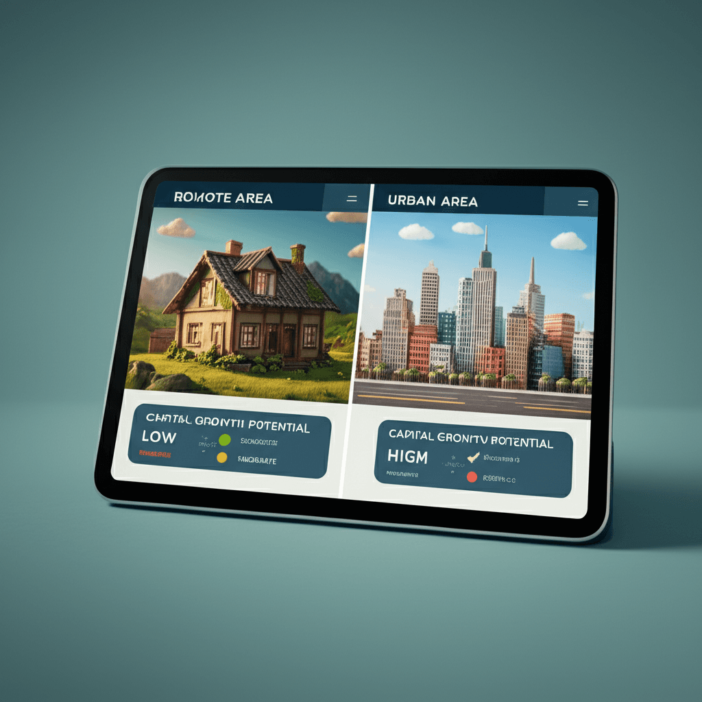 A dashboard on a tablet showing a comparative analysis of a house in a remote area versus a unique unit in a high-demand urban area, with key metrics like capital growth potential and rental yield highlighted.