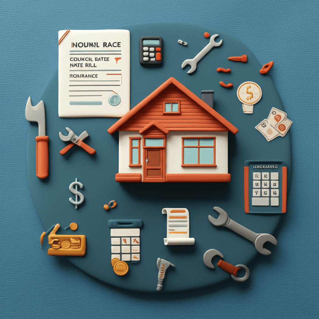 An infographic illustrating the various costs associated with an investment property, like council rates, insurance, and maintenance fees
