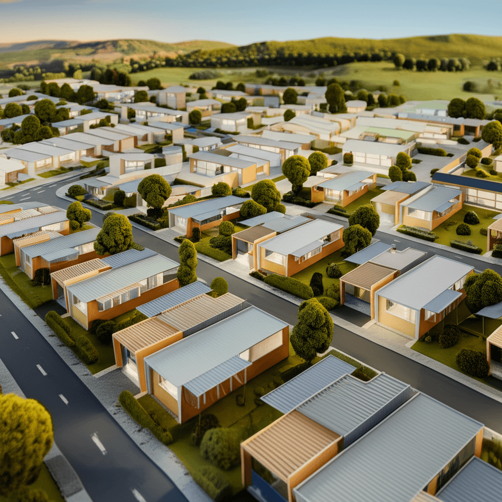 An architectural blueprint of a modern, sustainable housing development in a regional Australian town