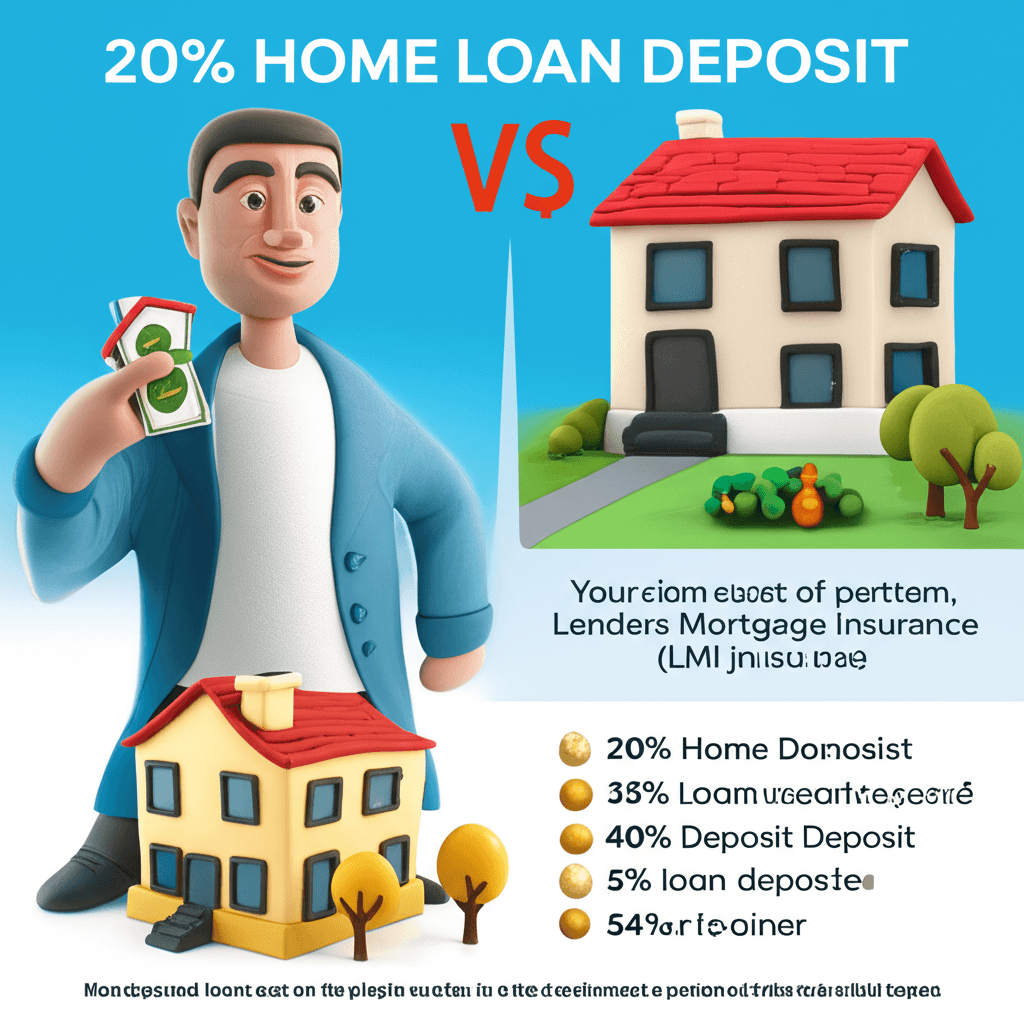 A clear infographic comparing a 20% home loan deposit versus a 5% deposit with Lenders Mortgage Insurance (LMI) costs