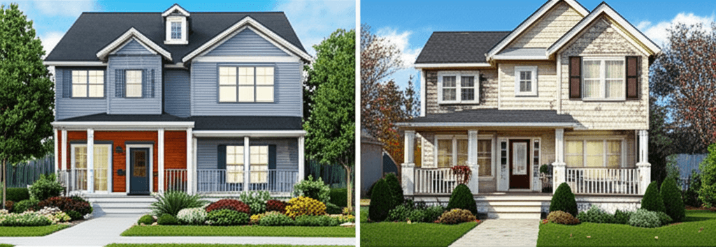 A split-screen image showing a perfectly styled, turnkey home on one side and a home with cosmetic renovation potential on the other