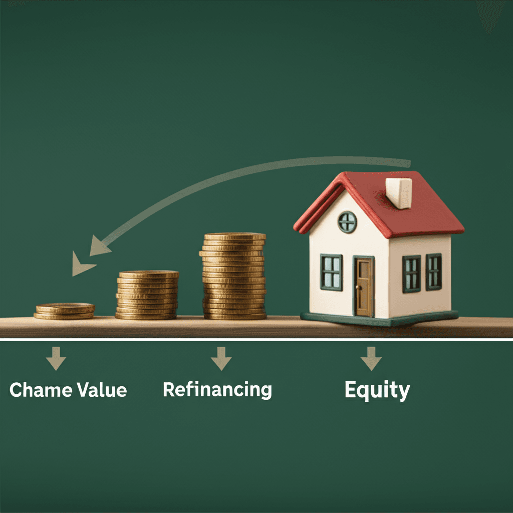 A diagram showing a property's value increasing over time and equity being released through refinancing