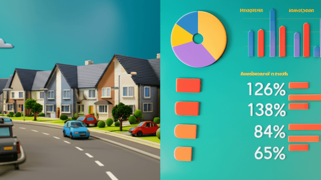A split-screen image showing a modern new housing estate on one side and a data dashboard with property metrics on the other