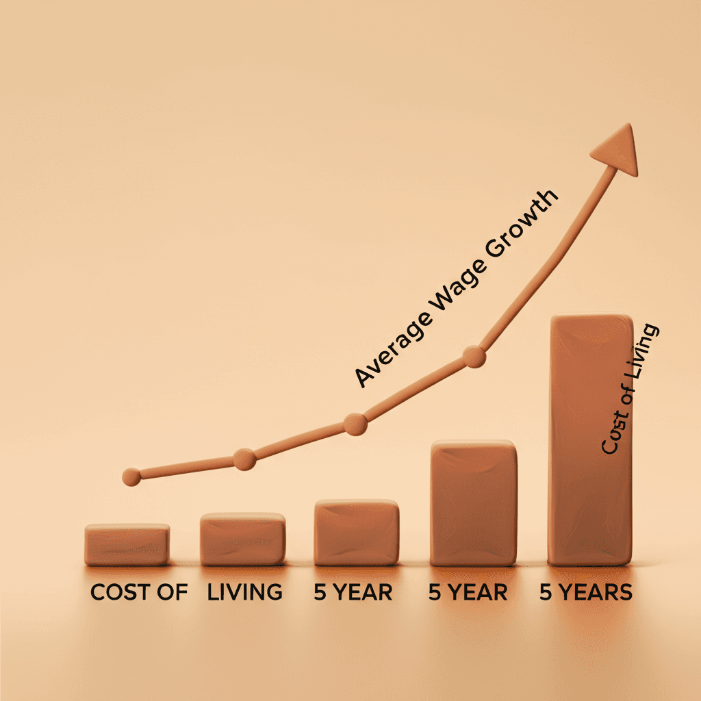 A clear line graph showing two diverging lines: a rapidly rising 'Cost of Living' line and a slowly rising 'Average Wage Growth' line over the last five years in Australia.