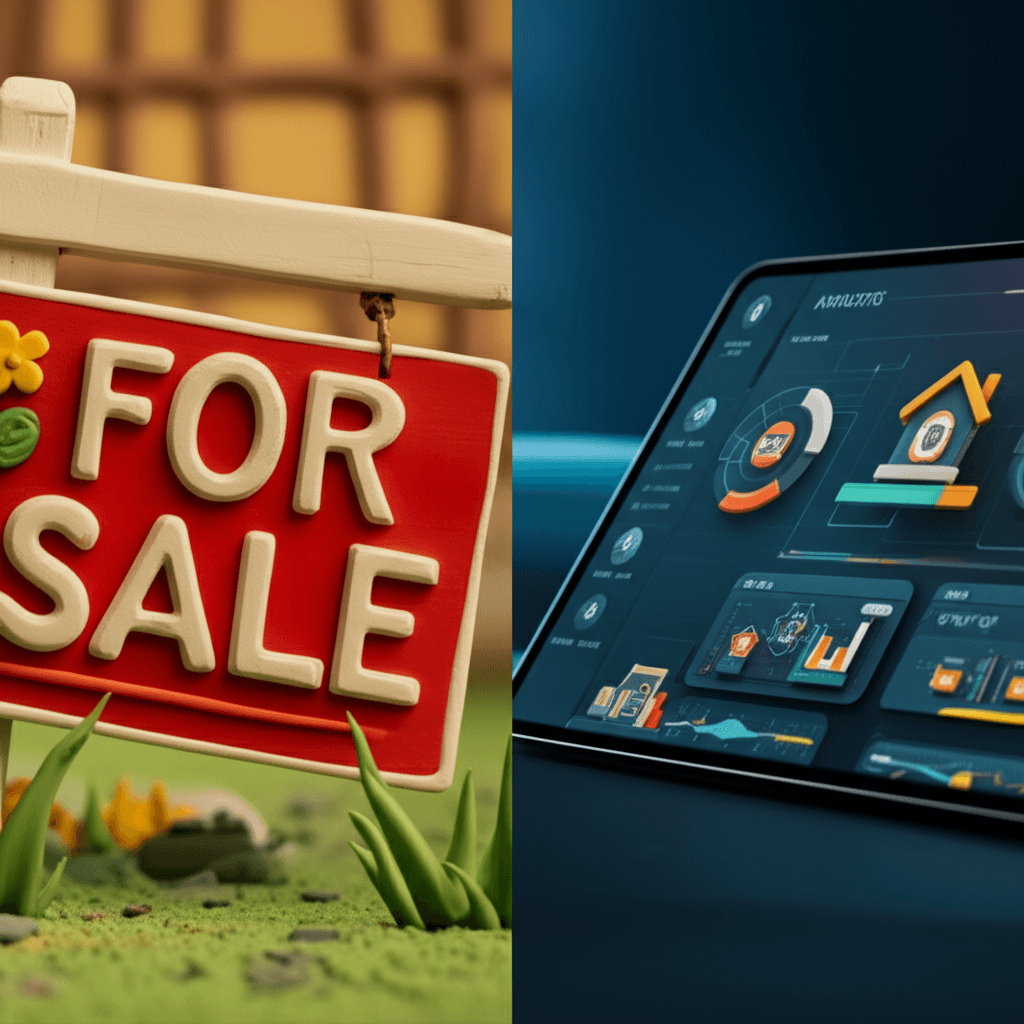 A split-screen image showing a traditional 'For Sale' sign on one side and a sophisticated AI property analysis interface on a tablet on the other side