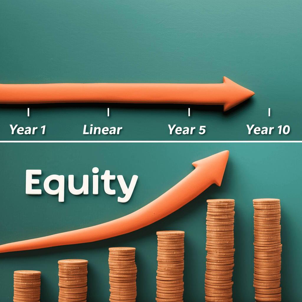 A split-screen infographic comparing a slow, linear property investment timeline with a fast, exponential growth timeline using equity.