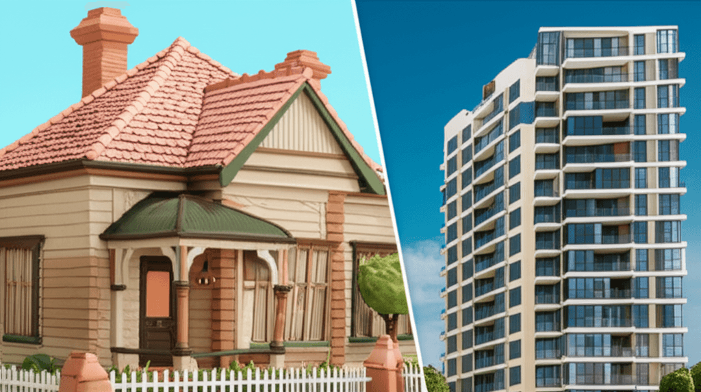 A split-screen image showing a classic heritage home on one side and a modern high-rise apartment building on the other in a Sydney suburb