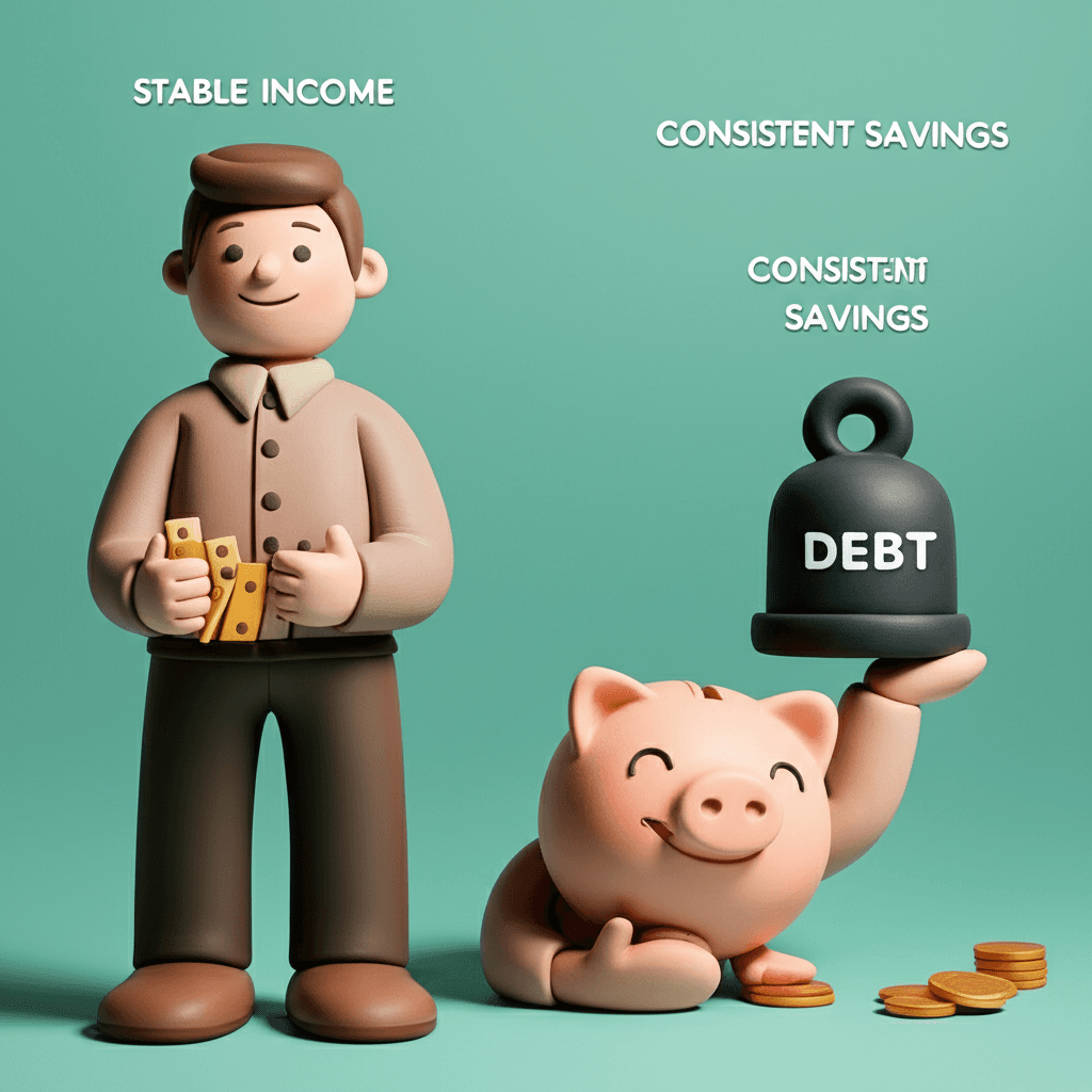 A clean infographic illustrating the three key factors for home loan approval: stable income, low debt, and consistent savings.