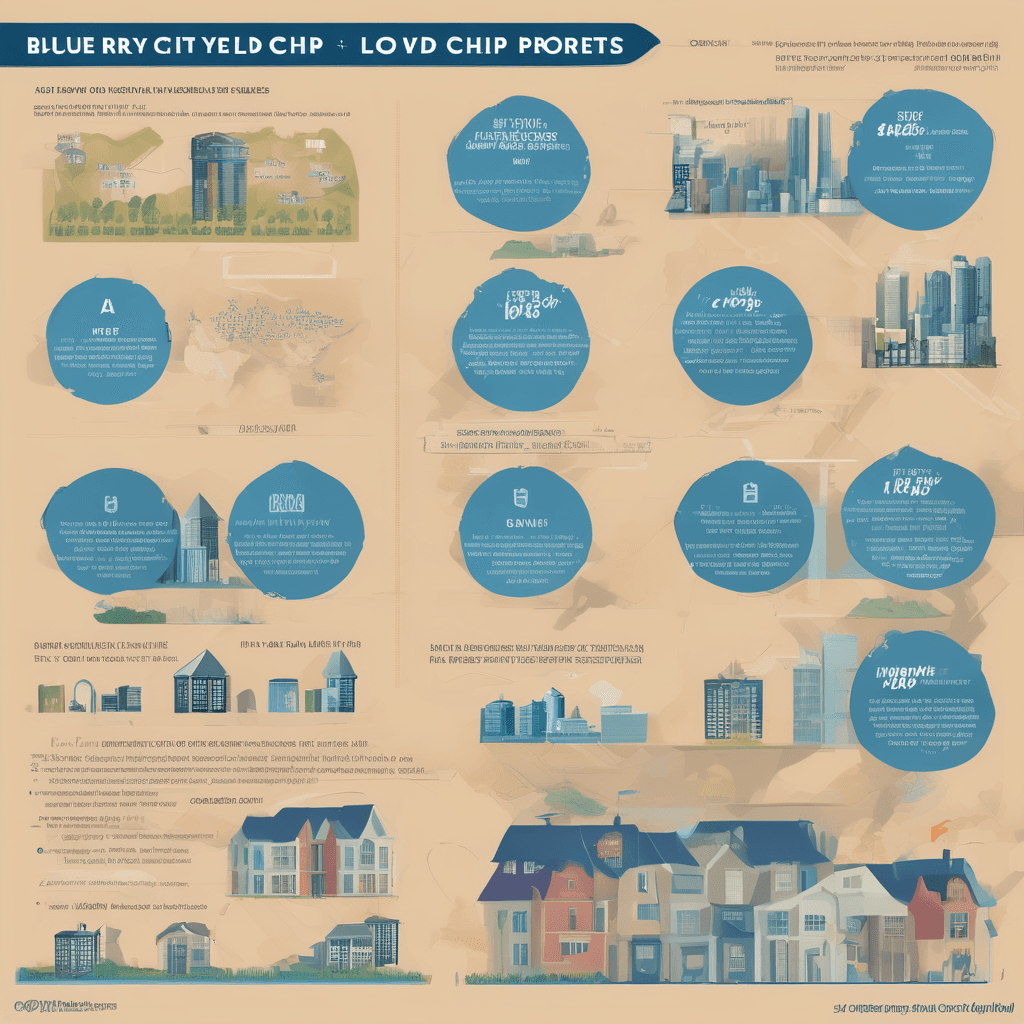 A modern infographic comparing risk vs. reward for high-yield regional properties and low-yield 'blue-chip' city properties