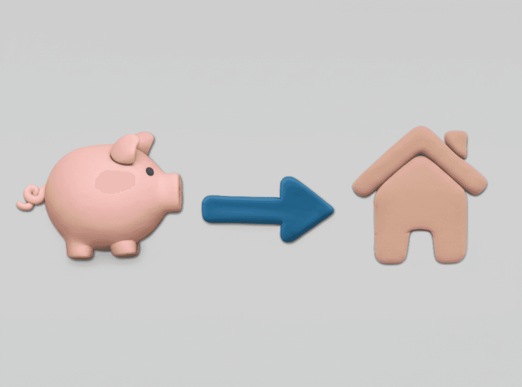 A minimalist diagram showing a piggy bank with an arrow pointing towards a house, representing the journey from saving to property investment.