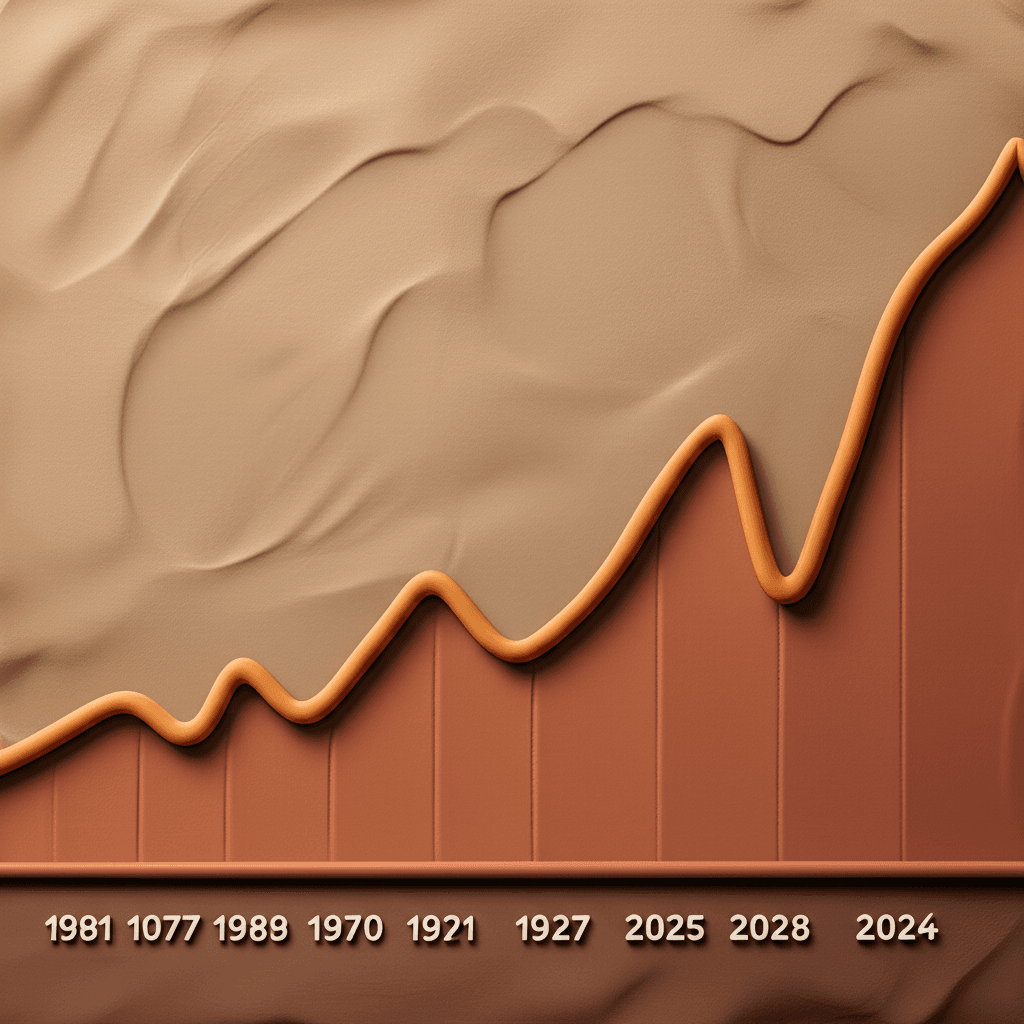 A line graph showing the volatile annual growth rate of Australian property from 1981 to 2024, with peaks and troughs clearly marked.