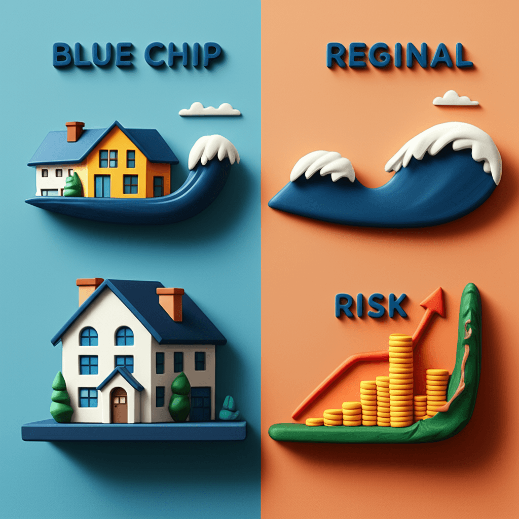 A modern infographic comparing two property investment strategies: one a low-yield 'Blue Chip' property, the other a high-yield regional property, showing metrics like cash flow, risk, and growth potential.