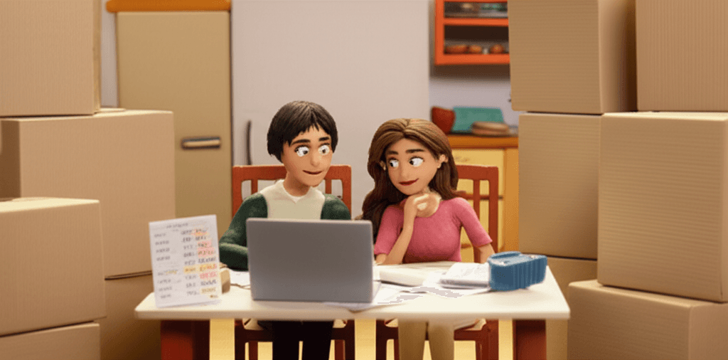 A hopeful young couple sitting at a kitchen table, looking at a laptop with a budget spreadsheet, surrounded by moving boxes