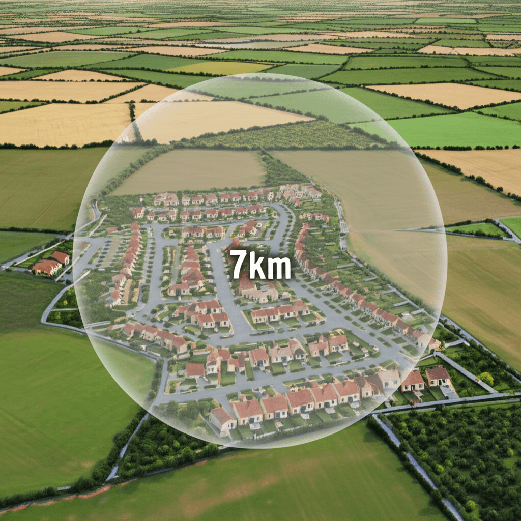 An aerial view of a new housing estate encroaching on surrounding vacant farmland, with a 7km radius overlay graphic