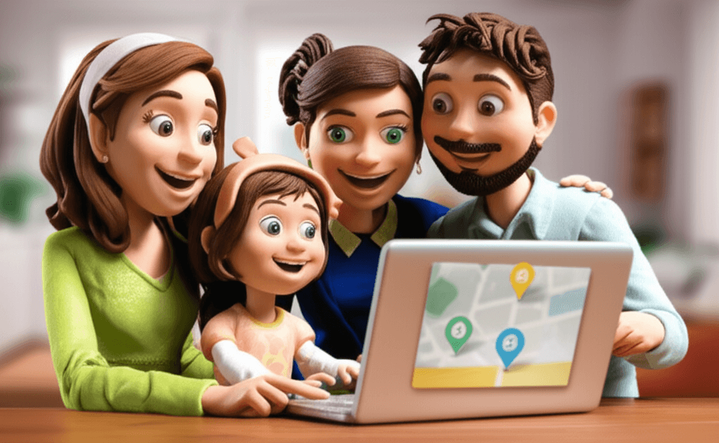 A family looking happily at a laptop screen displaying a map with property listings in a desirable suburb