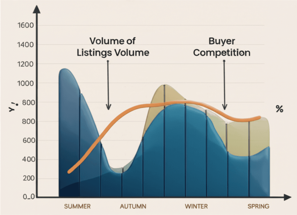 A dynamic graph comparing property listings volume and buyer competition across different seasons in Australia