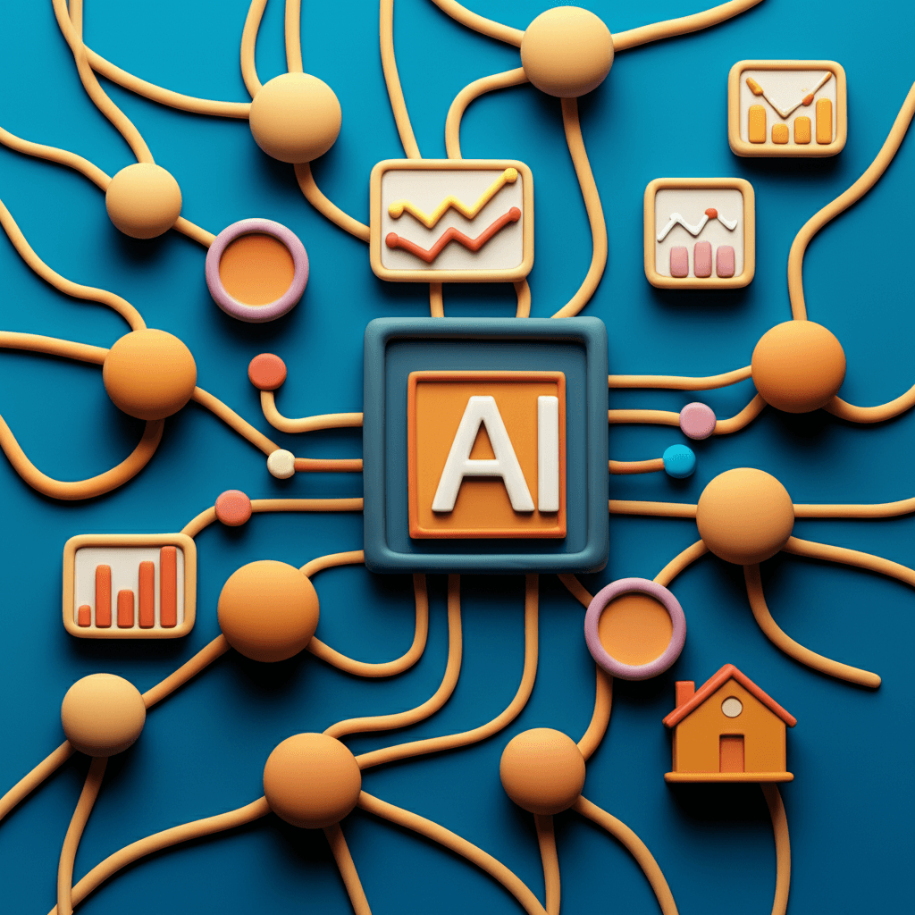 An abstract graphic illustrating an AI neural network processing various data points like charts and graphs, and outputting a single property recommendation