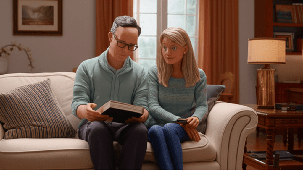 A thoughtful, mature Australian couple looking at photos in a large, quiet family home, contemplating their future.